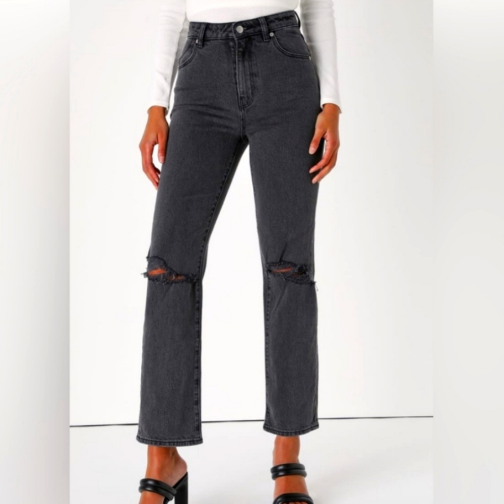Rollas Original High Rise Straight Black Ripped Denim Jeans Size 30